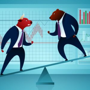 Businessmen, Traders Vector Cartoon Characters. Stock Market, Trading, Manufacturing Concept. Bull Fighting Bear on Seesaw Flat Illustration. Humanised Animals in Suits. Diagram, Graph