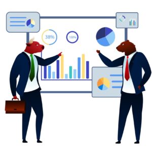 Trader Estate Stock Market Process Conversation. Bearish Investment Trend. Trade Short Finance Attack. Banker Sell Business. Commerce Bank Planning Startup Flat Vector Illustration